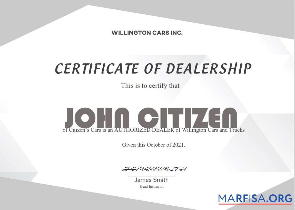 Printable USA Dealership Completion cert sample